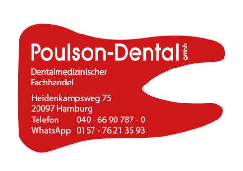 Logo Poulson-Dental GmbH Roter Zahn mit weißer Logoschrift Poulson-Dental GmbH